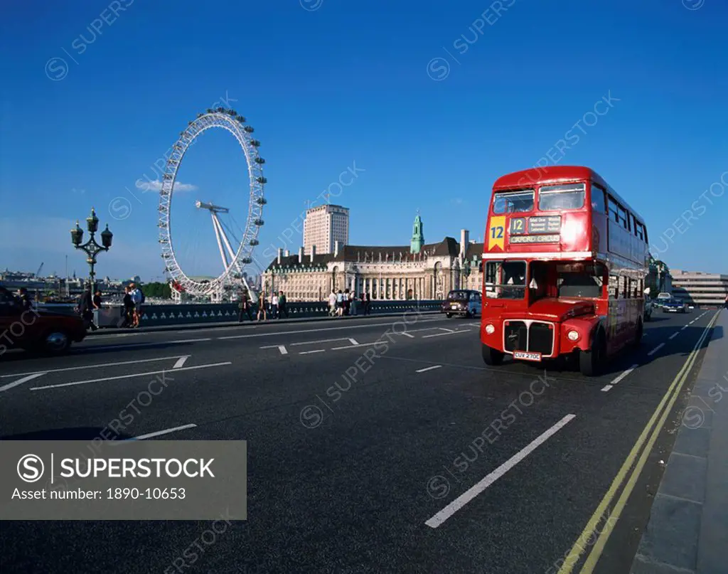 Old Routemaster bus before they were withdrawn, on Wesminster Bridge with London Eye in background, London, England, United Kingdom, Europe