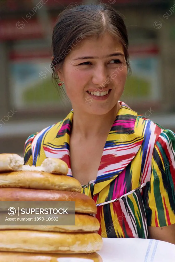 Portrait of a woman with a traditional greeting of salt and bread, in Kazakhstan, Central Asia, Asia