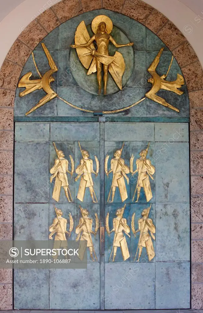 Ascension of Christ and the Theban soldiers by Philippe Kaeppelin on basilica door, Saint_Maurice Abbey, Saint_Maurice, Valais, Switzerland, Europe