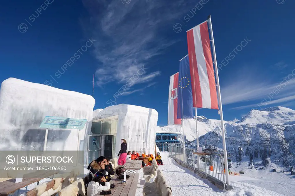 Frozen Icebar Lech near St. Anton am Arlberg in winter snow, Austrian Alps, Austria, Europe