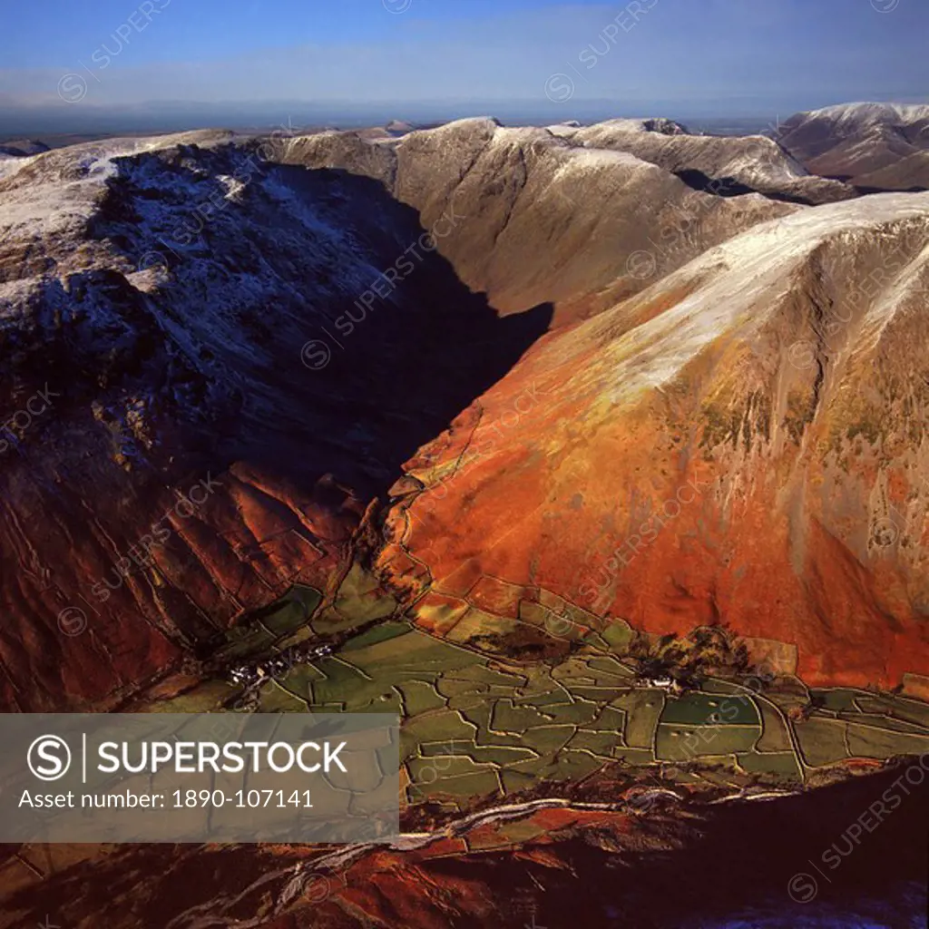 Aerial image of Wasdale Head, with St. Olaf´s church, the smallest church in England, Brackenclose, Wasdale Fell, Kirk Fell, High Fell and Mosedale, L...