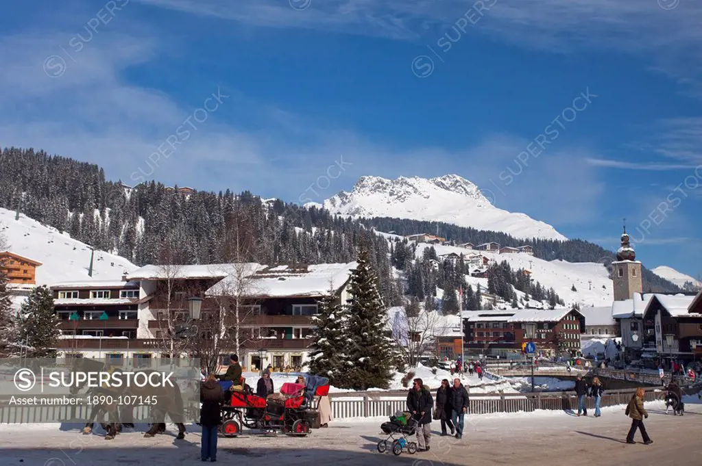 Town centre of Lech near St. Anton am Arlberg in winter snow, Tyrol, Austrian Alps, Austria, Europe