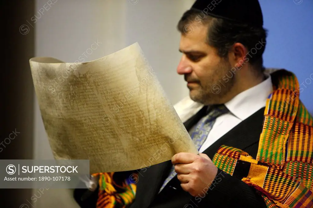 Book of Esther Meguilah, Purim celebration in a Liberal synagogue, Paris, France, Europe