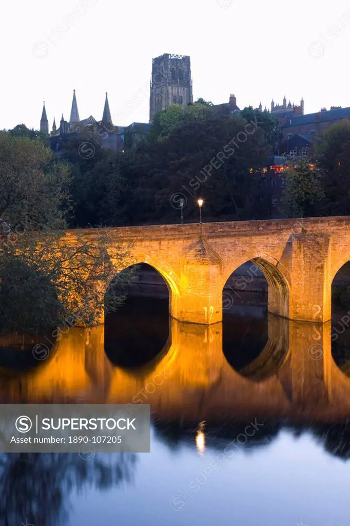 The River Wear and Elvet Bridge illuminated by night, the cathedral on hillside beyond, Durham, County Durham, England, United Kingdom, Europe