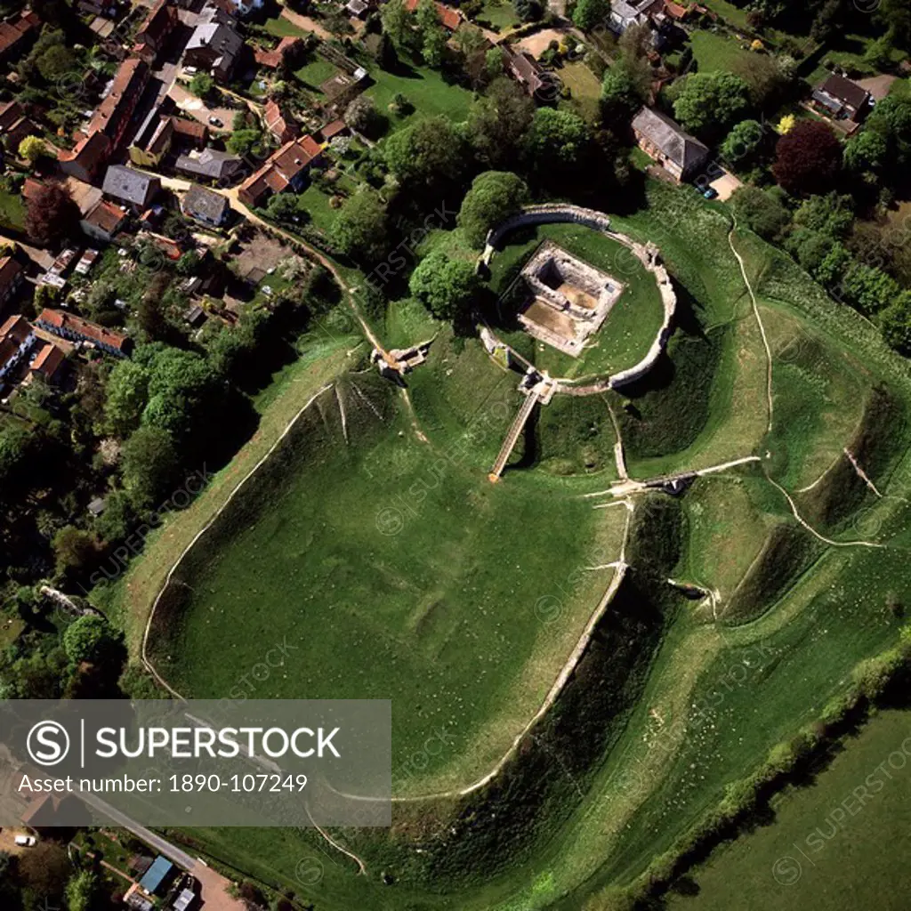 Aerial view of Castle Acre, remains of a motte and bailey castle with extensive earthworks, Castle Acre, Norfolk, England, United Kingdom, Europe
