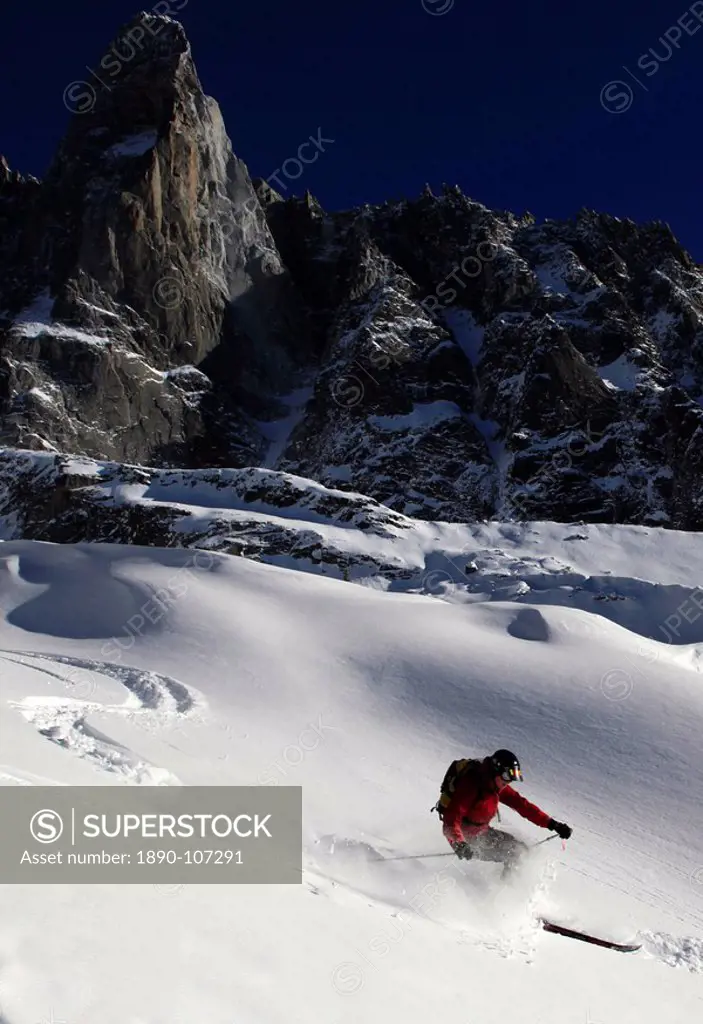 A skier enjoying perfect powder snow on the celebrated Pas de Chevre off_piste run, with the Dru in the background, Chamonix Valley, Chamonix, Haute S...