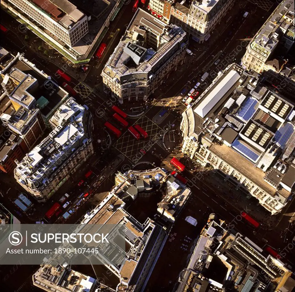 Aerial image of Oxford Circus, a busy intersection of Regent Street and Oxford Street, in the City of Westminster, London, England, United Kingdom, Eu...