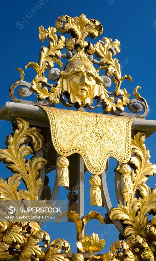 Detail of ornamental wrought iron gate in the Privy Garden, Hampton Court Palace, Borough of Richmond upon Thames, Greater London, England, United Kin...