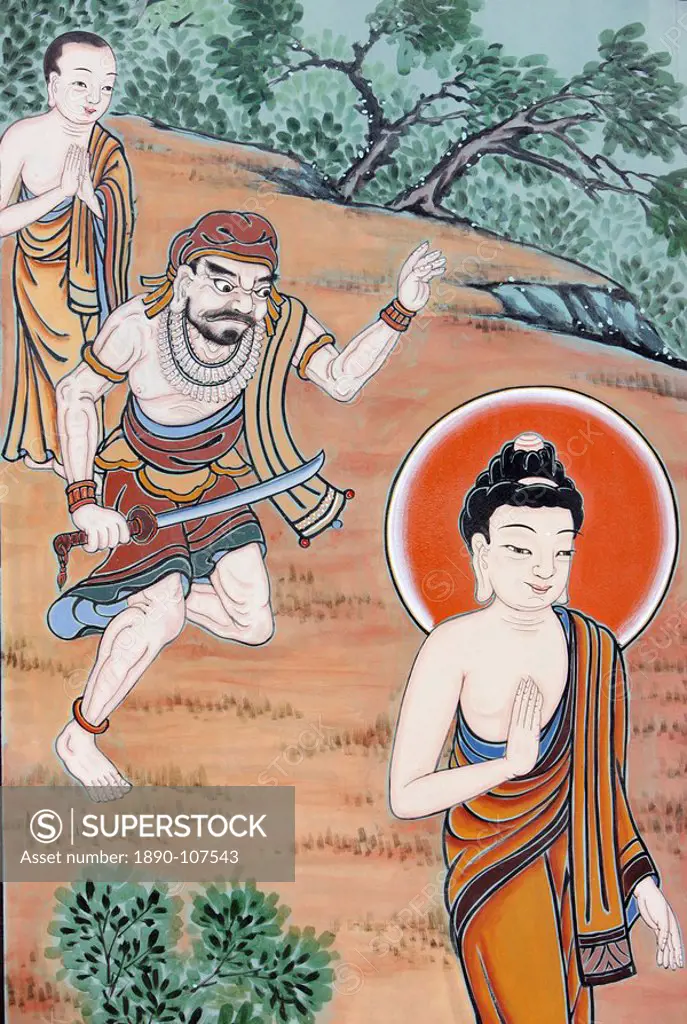 Depiction of the story of the Buddha distracting murderer Angulimala from killing his own mother and 100th murder victim, in the Life of Buddha, Seoul...