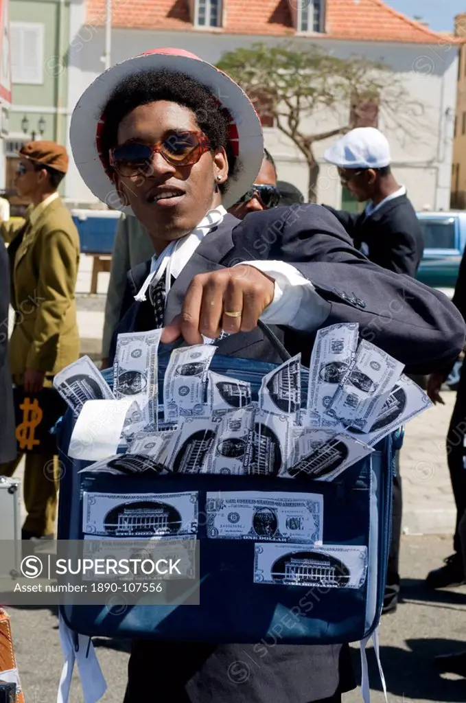 Young man, dressed as businessman, Carnival, Mindelo, Sao Vicente, Cape Verde, Africa