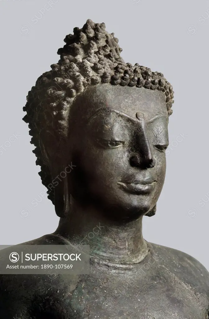 Buddha descending from Tavatimsa Heaven and displaying the Vitarka Mudra, 8th century Davaravati Mon style bronze image from Ban Fai, Buri Ram, Bangko...