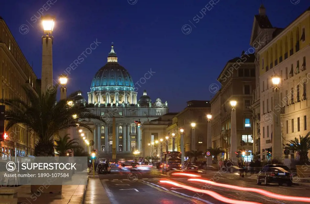 St. Peter´s Basilica illuminated at night with moving traffic, Vatican City, Rome, Lazio, Italy, Europe