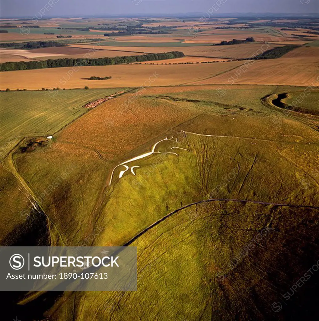 Aerial image of Uffington White Horse with Uffington Castle hill fort, Berkshire Downs, Vale of White Horse, Oxfordshire, England, United Kingdom, Eur...
