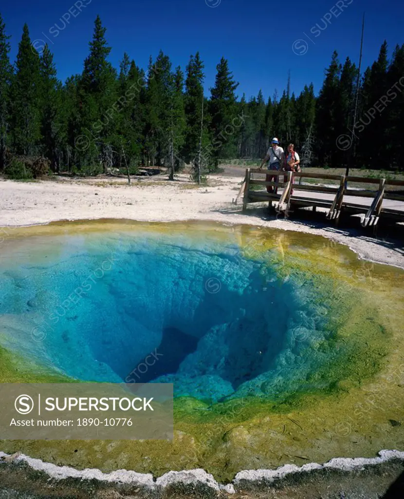 Tourists viewing the Morning Glory Pool, Yellowstone National Park, UNESCO World Heritage Site, Wyoming, United States of America, North America
