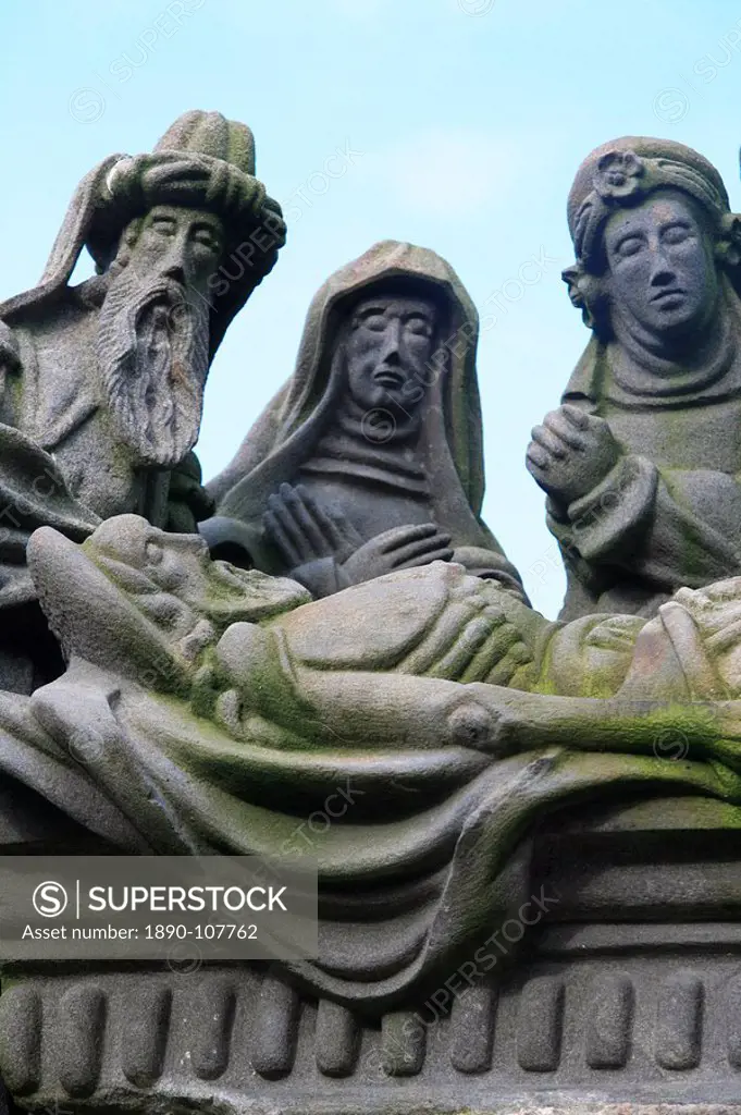 Entombment, a scene from the Life of Jesus on the Guimiliau calvary, Guimiliau, Finistere, Brittany, France, Europe