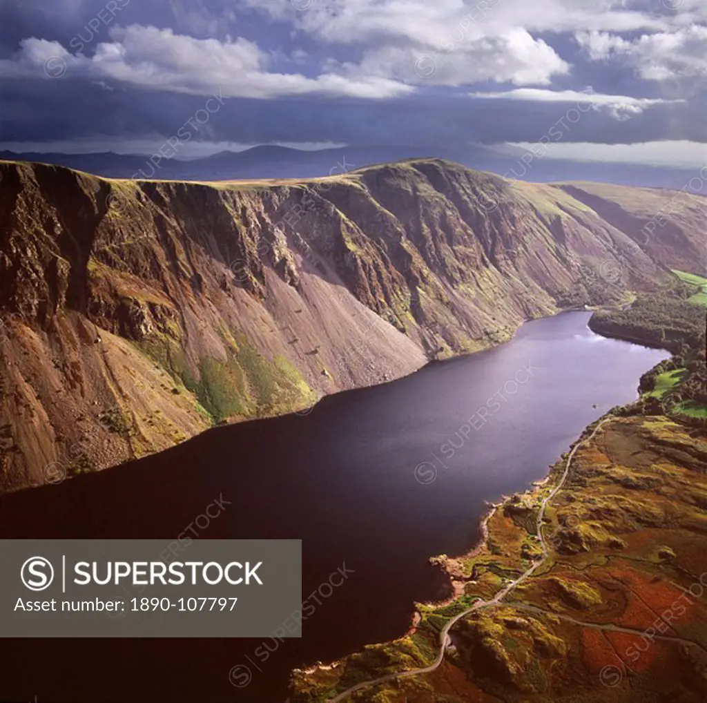 Aerial image of Wastwater Screes and Wast Water Wastwater, the deepest lake in England, a good example of a glacially over_deepened valley, Wasdale Va...