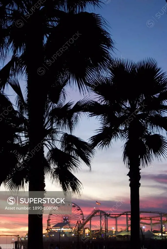 Sunset over the pier, Santa Monica Beach, Santa Monica, California, United States of America, North America