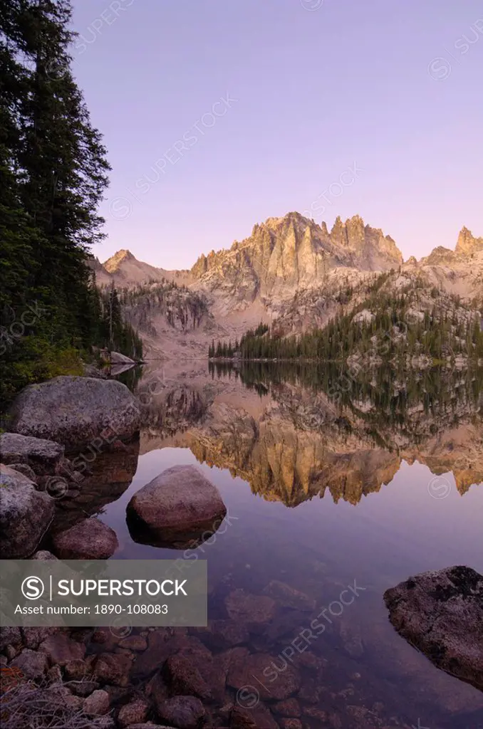 Dawn over Baron Lake, Sawtooth Mountains, Sawtooth Wilderness, Sawtooth National Recreation Area, Rocky Mountains, Idaho, United States of America, No...