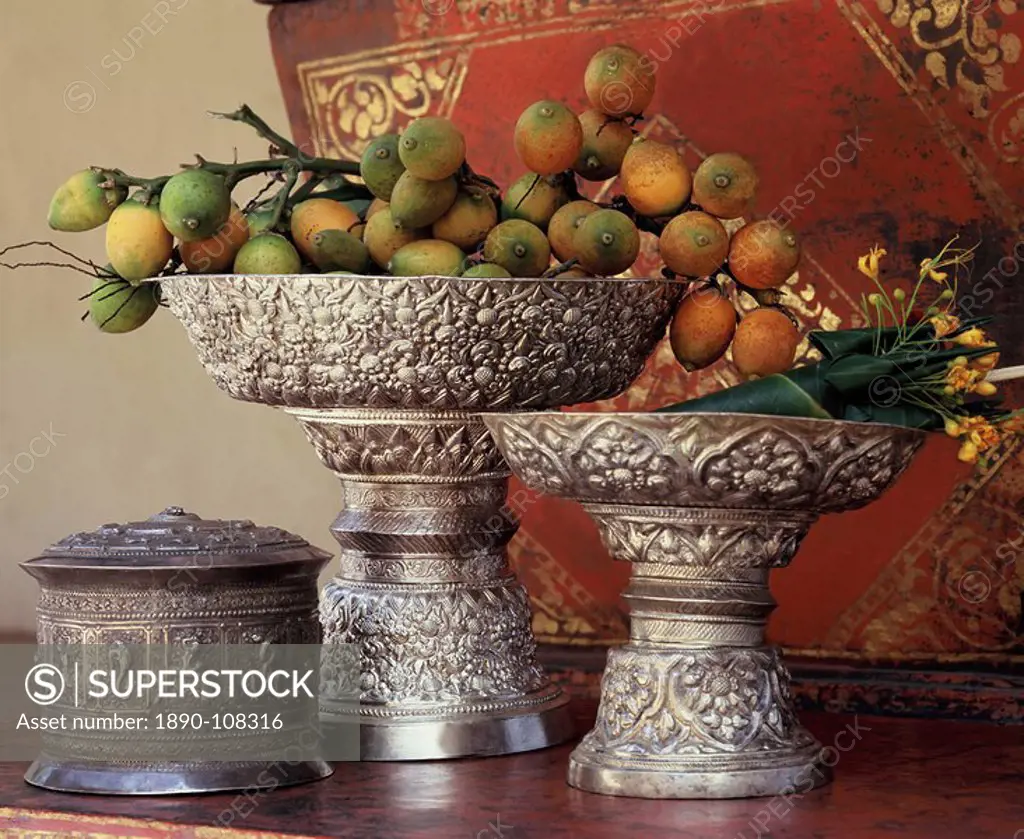 Silver trays holding betel nuts, Northern Thai craftmanship, Chiang Mai, Thailand, Southeast Asia, Asia