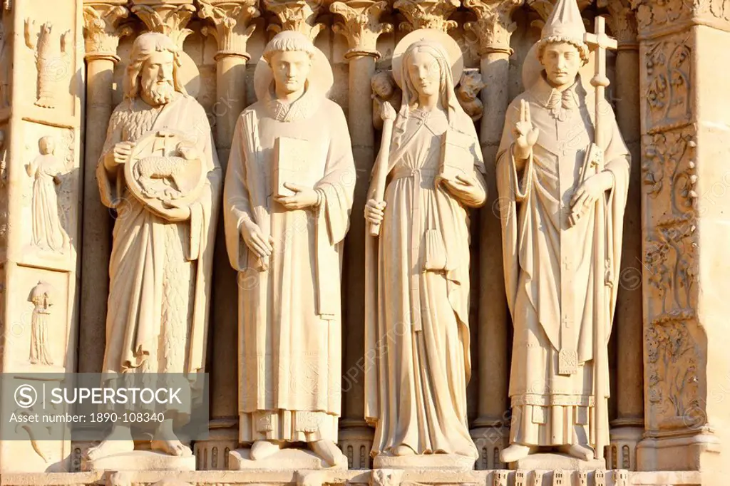 St. John the Baptist, St._Etienne, Ste. Genevieve and Pope St. Sylvester, Virgin´s Gate, west front, Notre Dame Cathedral, UNESCO World Heritage Site,...