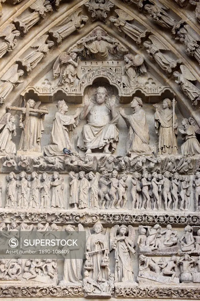 Last Judgment tympanum, Central Gate, Amiens Cathedral, UNESCO World Heritage Site, Amiens, Somme, France, Europe