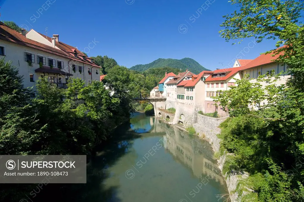 Little river running through the town of Sofja Loket, Slovenia, Europe