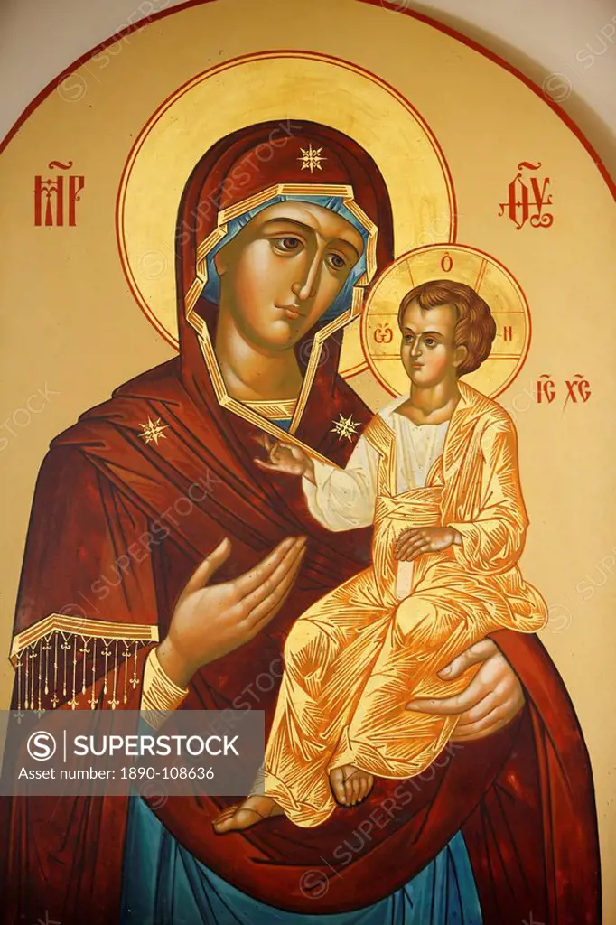 Icon of the Virgin and Child in Mary Magdalene Russian Orthodox church on Mount of Olives, Jerusalem, Israel, Middle East