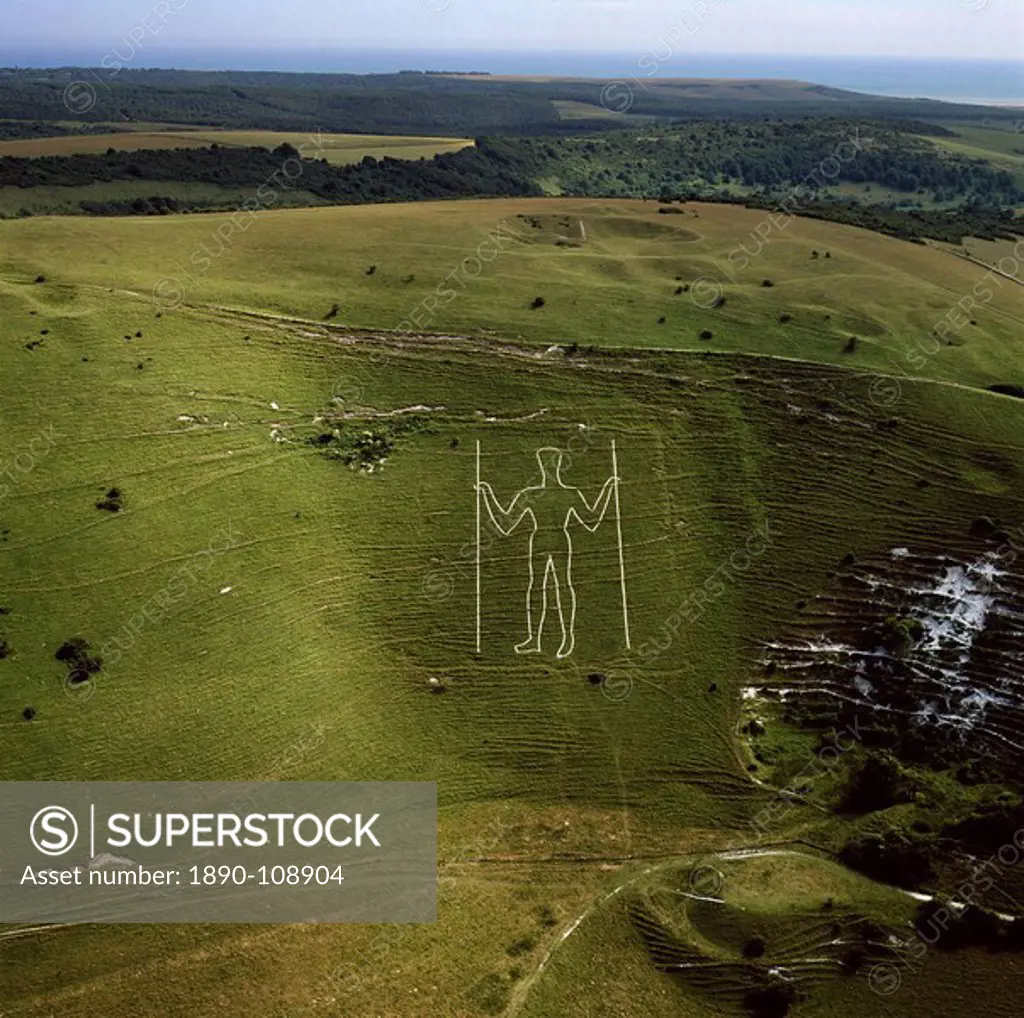 Aerial image of the Long Man of Wilmington, Wilmington, South Downs, East Sussex, England, United Kingdom, Europe