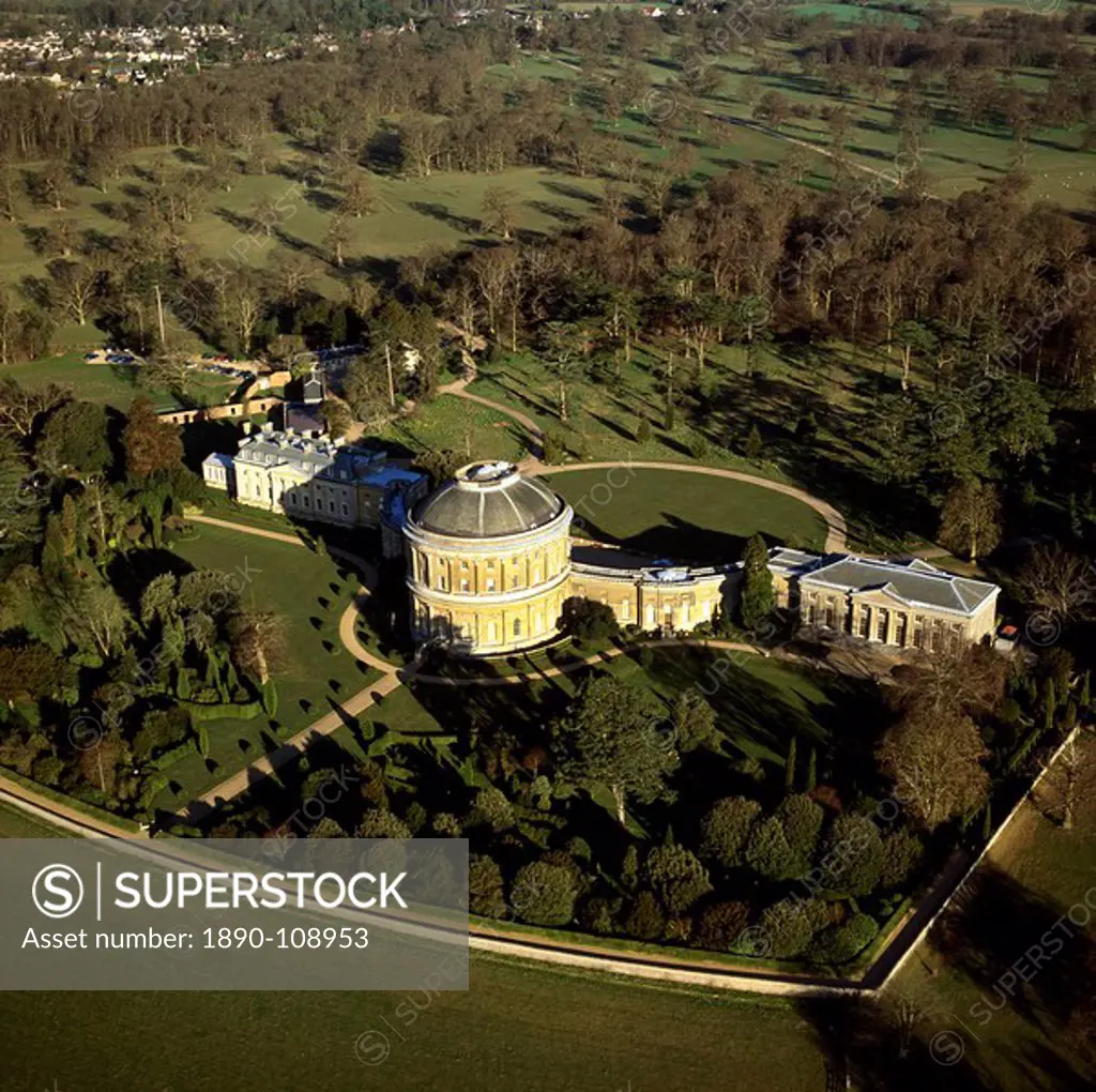 Aerial image of Ickworth House, a neoclassical country house in a park laid out by Capability Brown, near Bury St. Edmunds, Suffolk, England, United K...