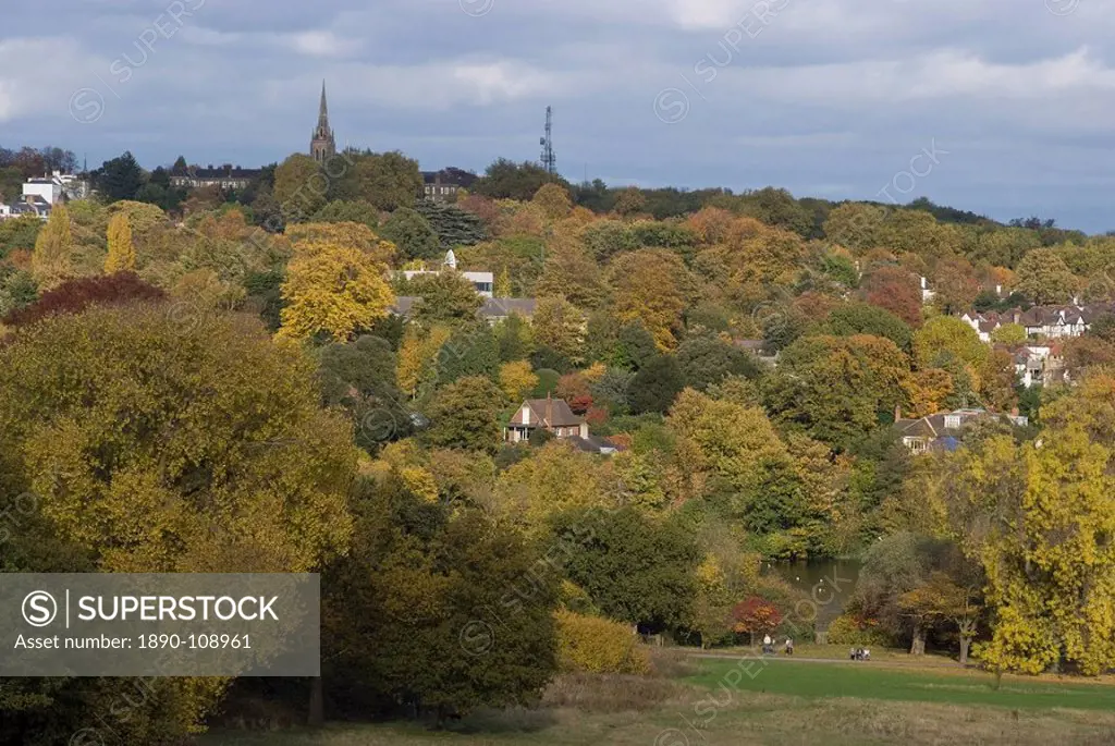 View looking northeast towards Highgate from Hampstead Heath, London, England, United Kingdom, Europe