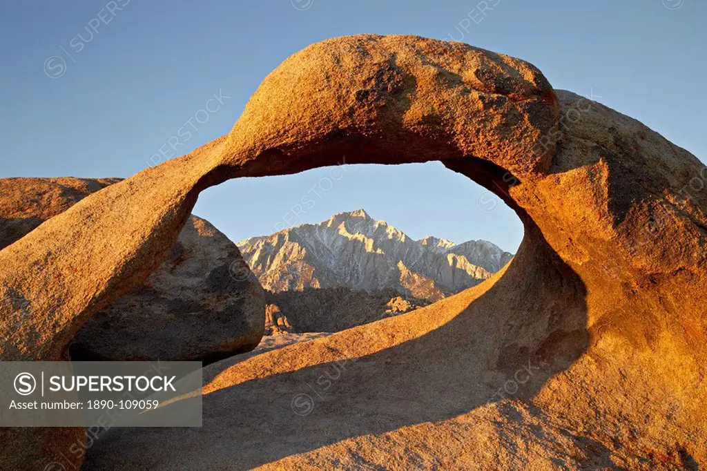 Mobius Arch and Eastern Sierras at dawn, Alabama Hills, Inyo National Forest, California, United States of America, North America