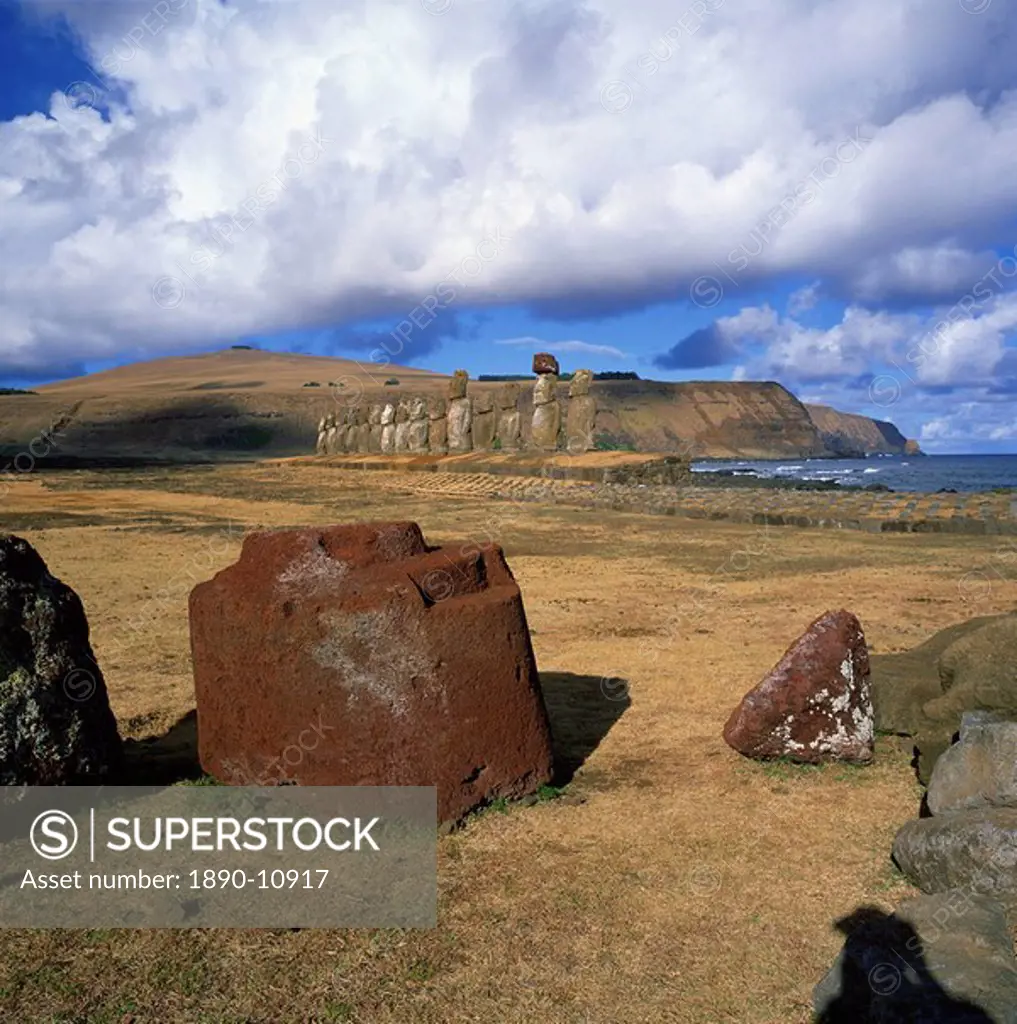 Fallen topknot in foreground, Ahu Tongariki, Rapa Nui National Park, Easter Island, Chile, South America