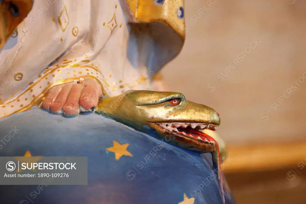 Virgin trampling evil snake in Saint_Nicolas de Veroce church, Haute Savoie, France, Europe