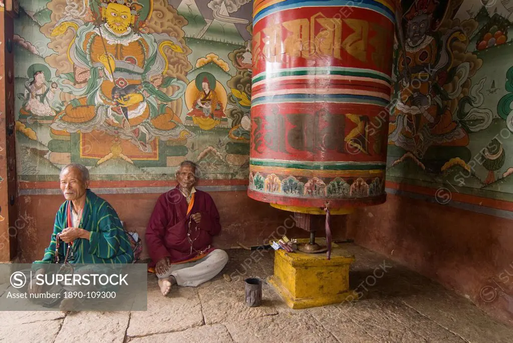 Old Buddhist monks, Chimi Lhakhang, Bhutan, Asia
