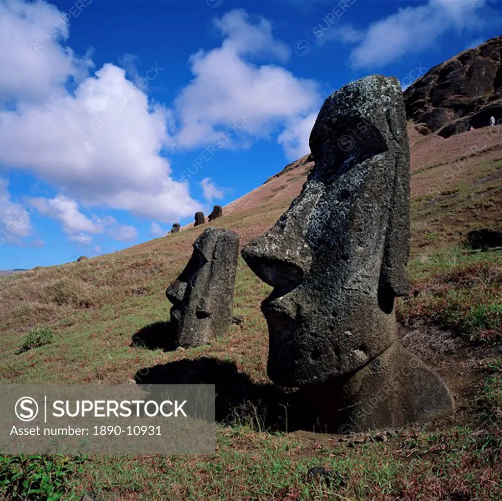 Rano Raraku, volcanic crater from which numerous moai statues were carved, Rapa Nui National Park, UNESCO World Heritage Site, Easter Island, Chile, P...