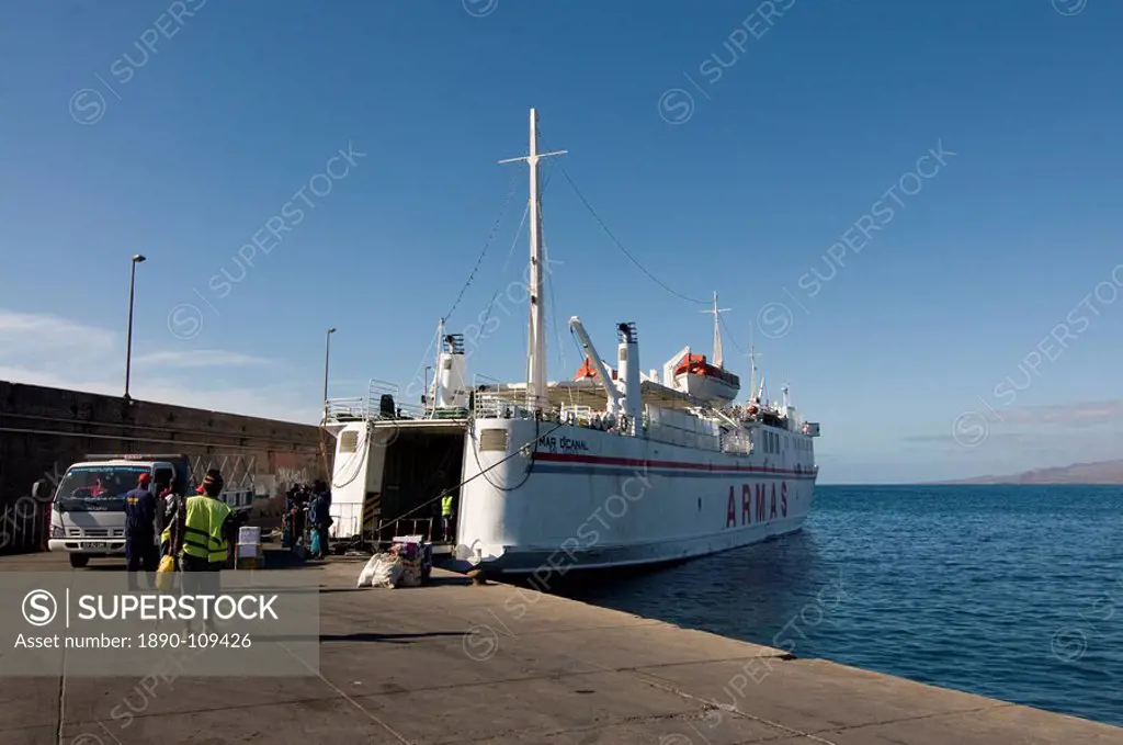 Ferry in the harbor of Porto Novo, Santo Antao, Cape Verde, Atlantic, Africa