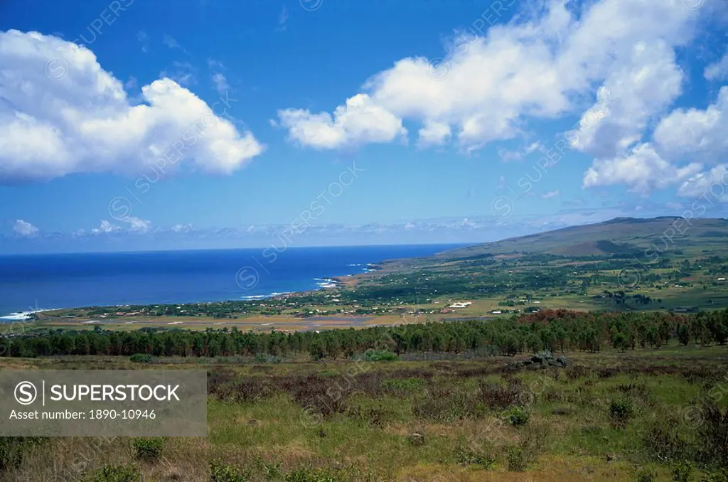 Overlooking Hanga Roa town, airport and west coast, Easter Island, Chile, South America