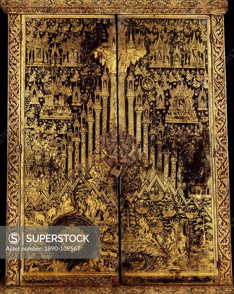 Lacquered cabinet dating from the Ayutthaya period named the Cabinet of the Three Worlds because of scenes of Buddhist Heavens portrayed on the front,...