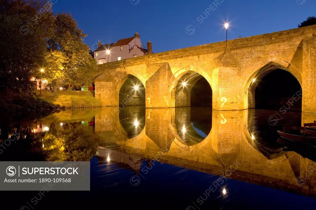 The River Wear and Elvet Bridge illuminated by night, Durham, County Durham, England, United Kingdom, Europe