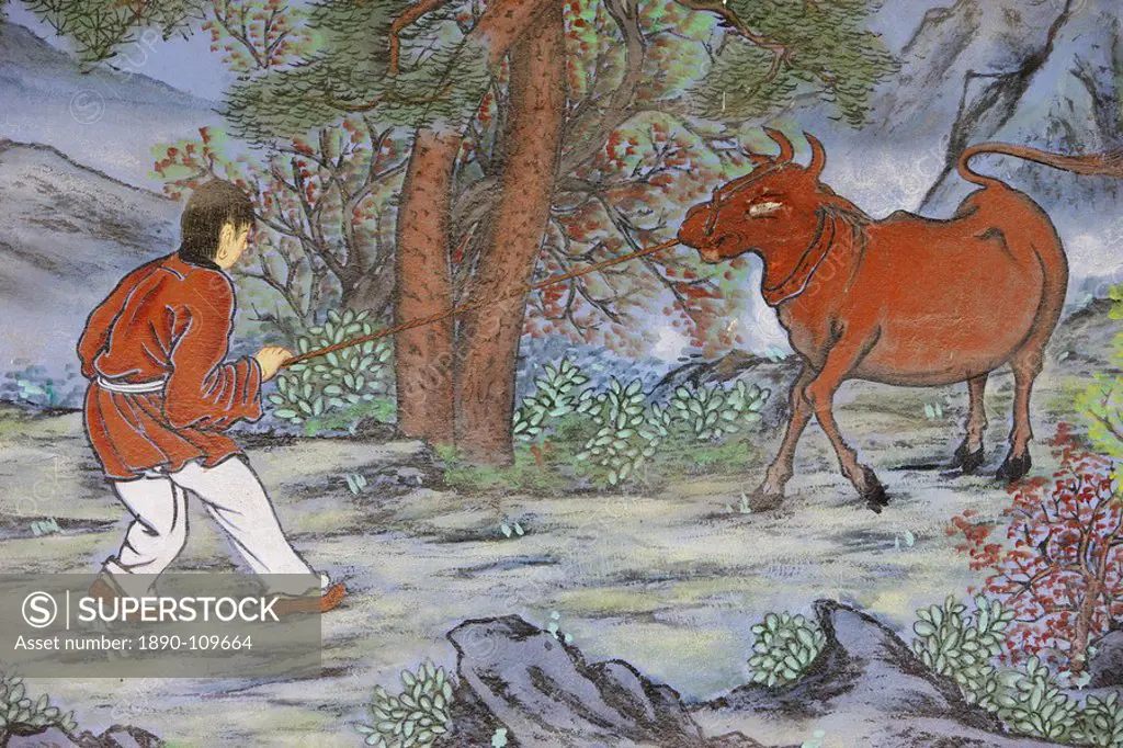 Painting of catching the Ox, from the ten Ox Herding Pictures of Zen Buddhism, representing the stages of enlightement, Seoul, South Korea, Asia
