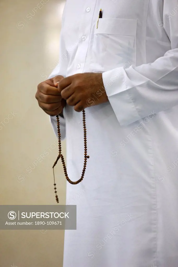 Muslim with prayer beads, Jumeirah mosque, Dubai, United Arab Emirates, Middle East