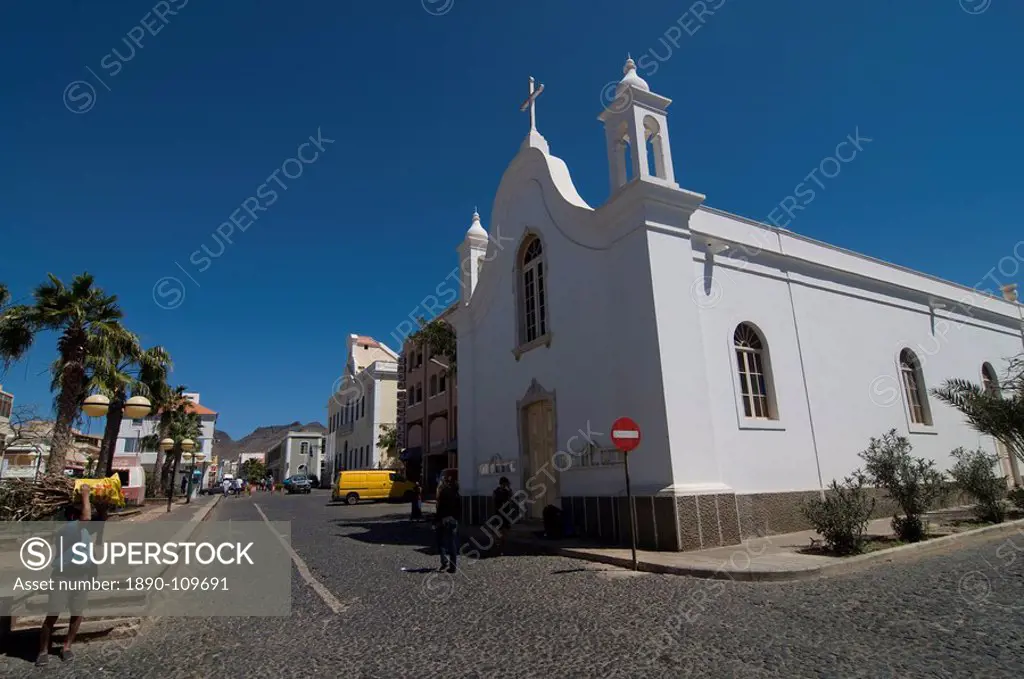 Bright church in San Vincente, Mindelo, Cape Verde Islands, Africa