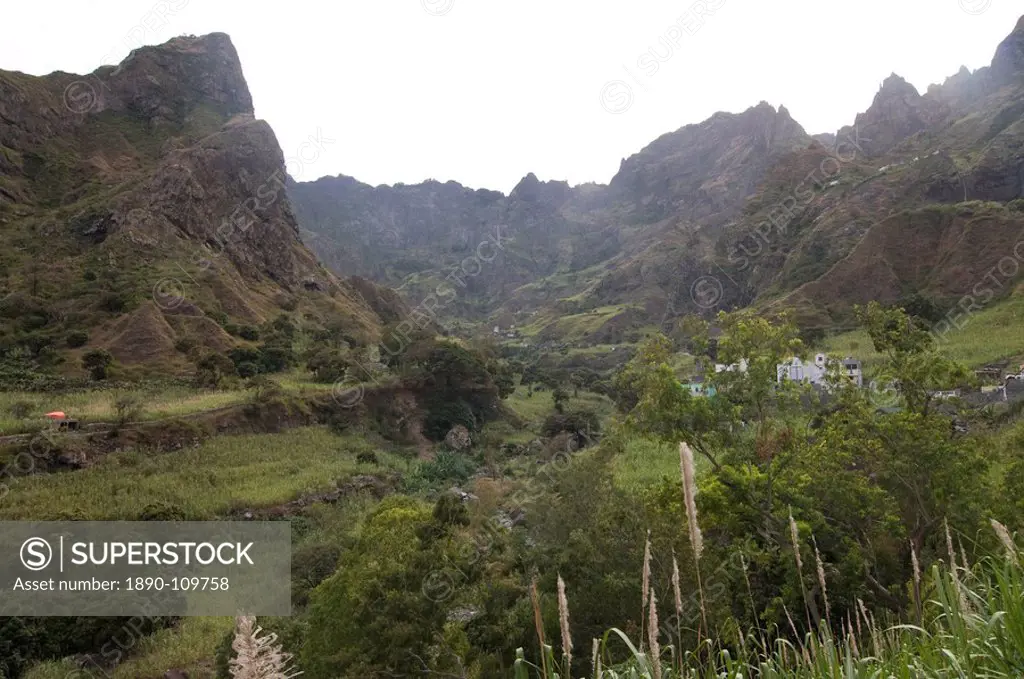 Mountain landscape with terraces and little houses, San Antao, Cape Verde Islands, Africa
