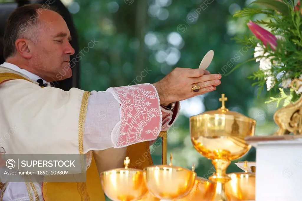 Mgr Bernard Fellay, head of Saint Pie X Fraternity, celebrating Mass during a traditional Catholic pilgrimage, Villepreux, Yvelines, France, Europe