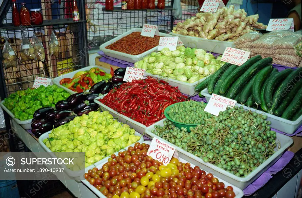 Salad vegetables and spices for sale in the Mercado Central in Belo Horizonte, Minas Gerais state, Brazil, South America