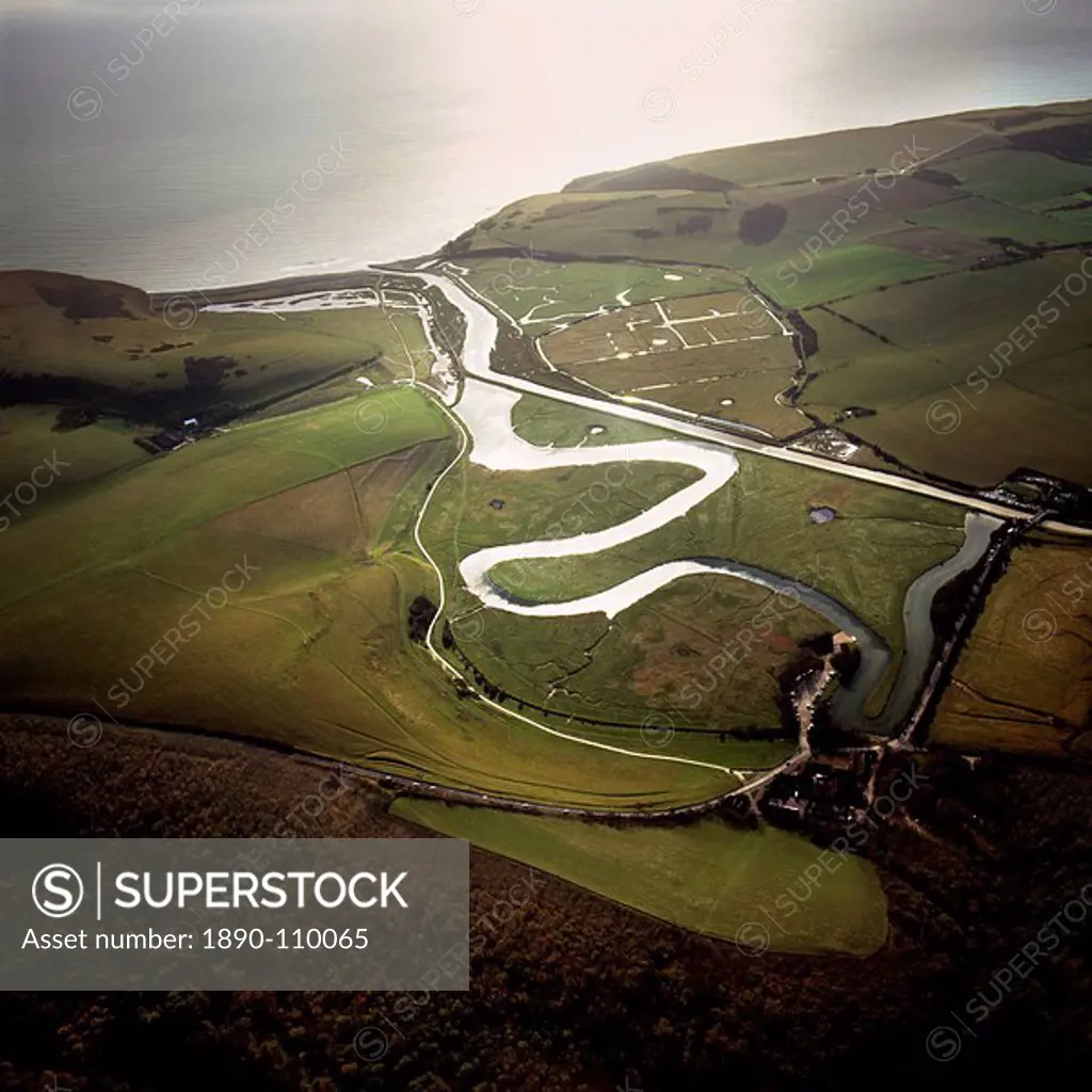 Aerial image of the Cuckmere River at Cuckmere Haven, Seven Sisters Country Park, East Sussex, England, United Kingdom, Europe