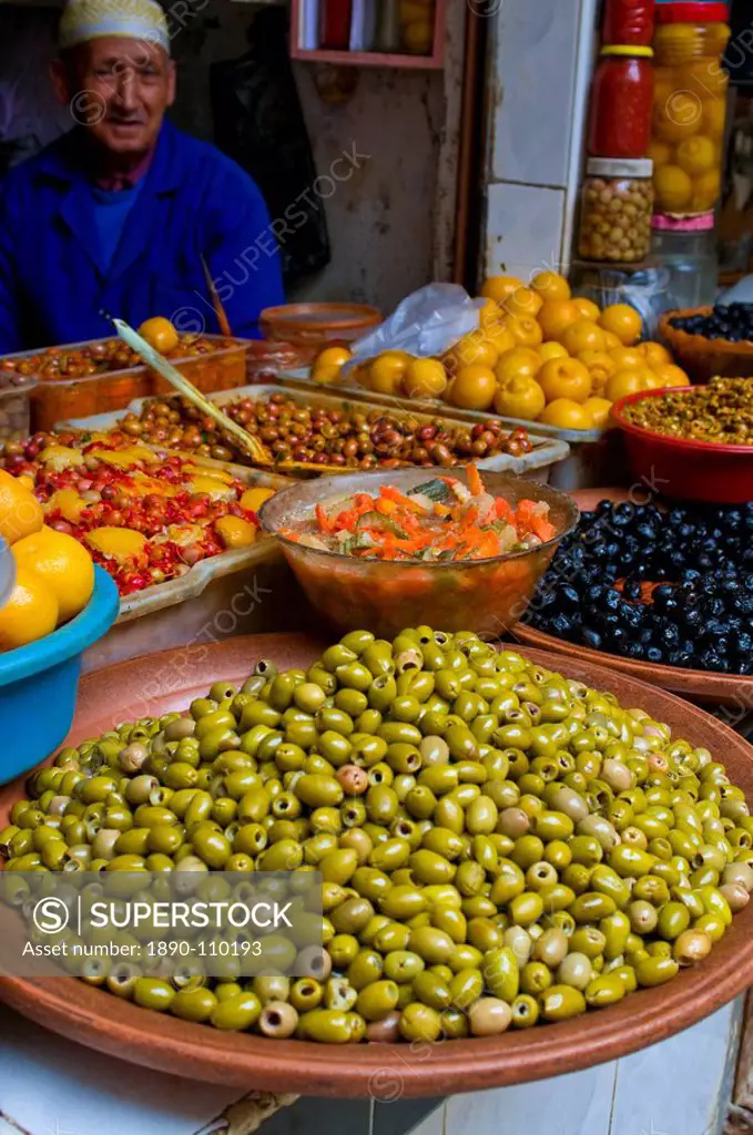 Old man selling vegetables and olives in the bazaar of Safi, Morocco, North Africa, Africa