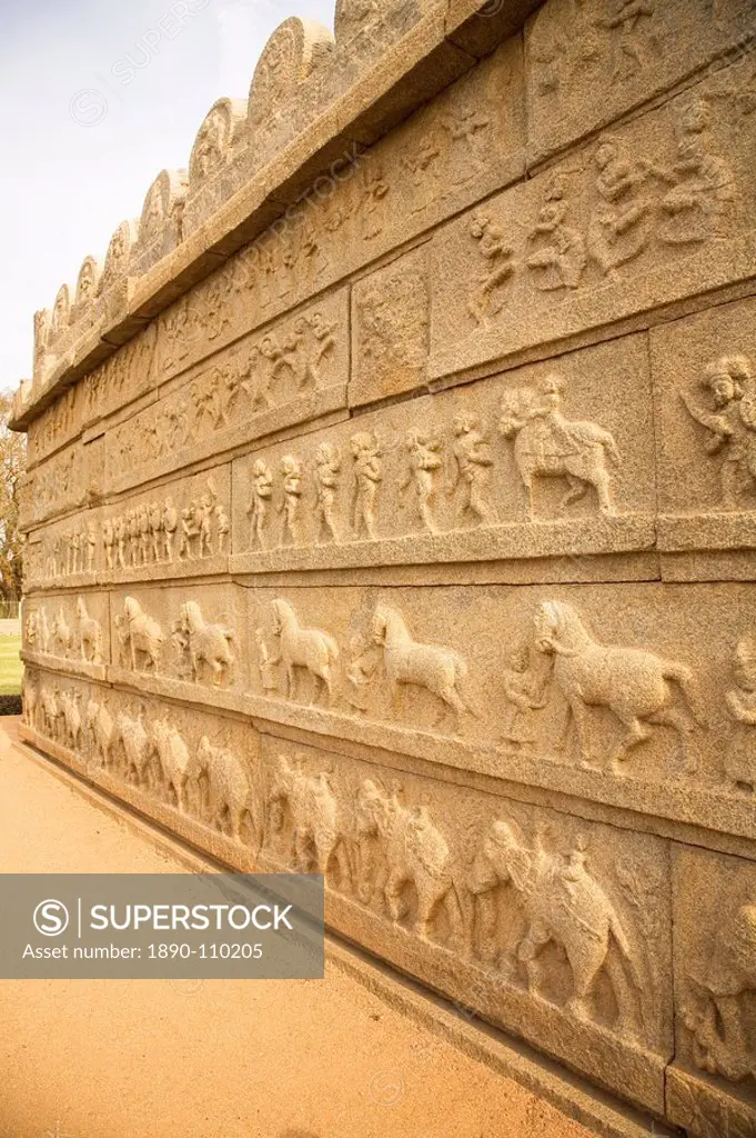 Bas relief scenes from life in the Vijayanagar Empire on the Mahanavami Dibba within the royal enclosure at Hampi, UNESCO World Heritage Site, Karnata...