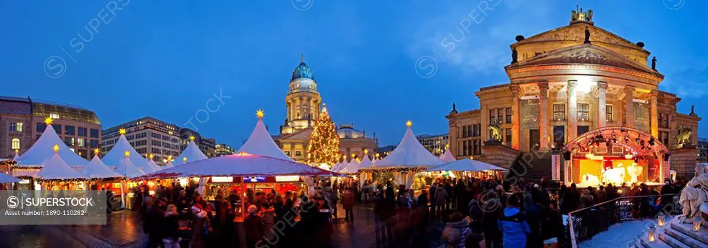 Traditional Christmas Market at Gendarmenmarkt illuminated at dusk, Berlin, Germany, Europe
