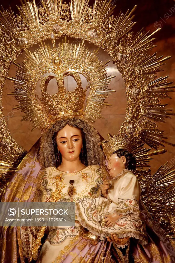 Crowned Virgin and Child statue in Nuestra Senora de la Esperanza church, La Macarena, Seville, Andalucia, Spain, Europe